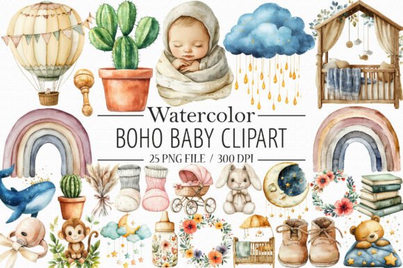 Download Watercolor Boho Baby Clipart, - Boho baby clipart Collection