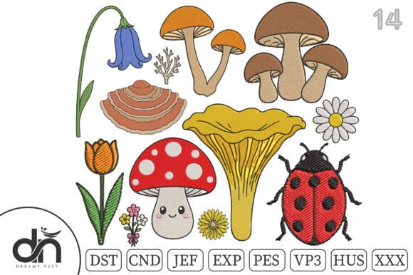 Download 14 Tiny Mushroom Floral Embroidery Set - Mushroom Collection